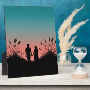 Couple Holding Hands Sunset Grass Field Plaque