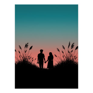 Couple Holding Hands Sunset Grass Field Poster