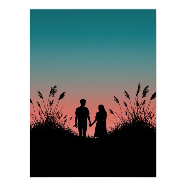 Couple Holding Hands Sunset Grass Field Poster (Front)
