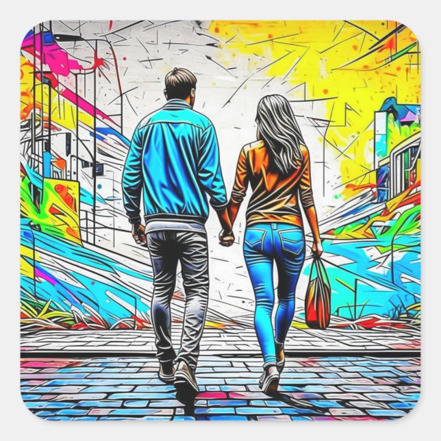 Couple Holding Hands Urban Graffiti Art Square Sticker (Front)