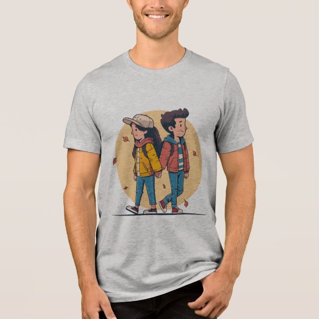 Couple holding hands walking together in fall Tri-Blend shirt (Front)