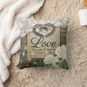 Couple Horseshoe Heart Lace Hydrangea Wood Wedding Cushion