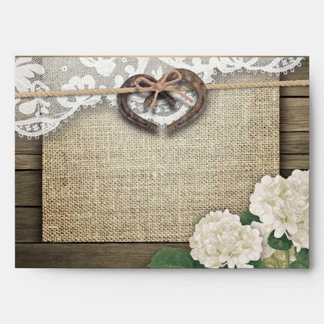 Couple Horseshoe Heart Lace Hydrangea Wood Wedding Envelope (Front)