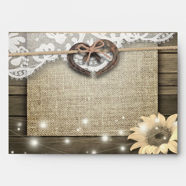 Couple Horseshoe Heart Lace Sunflower Wood Wedding Envelope (Front)