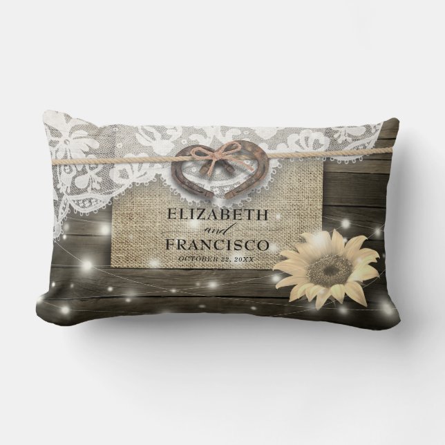 Couple Horseshoe Heart Lace Sunflower Wood Wedding Lumbar Cushion (Front)