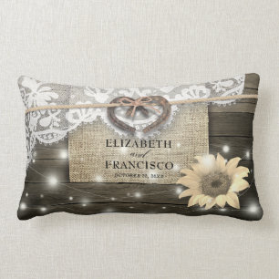 Couple Horseshoe Heart Lace Sunflower Wood Wedding Lumbar Cushion