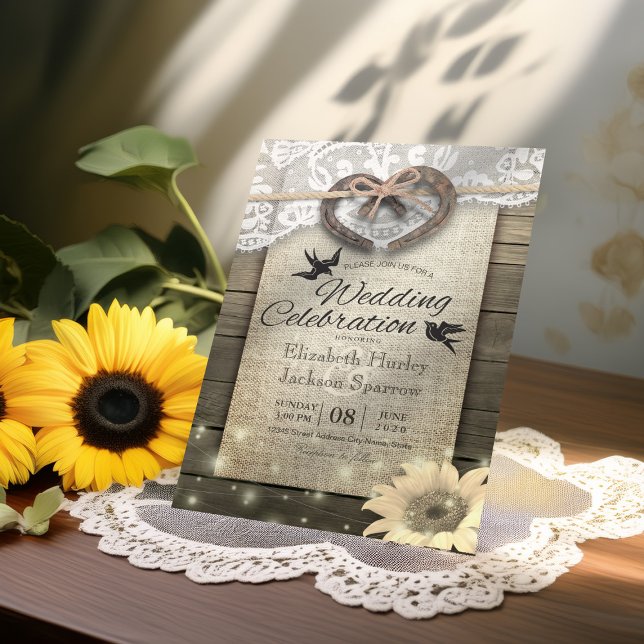 Couple Horseshoe Heart Lace Wood Sunflower Wedding Invitation (Creator Uploaded)