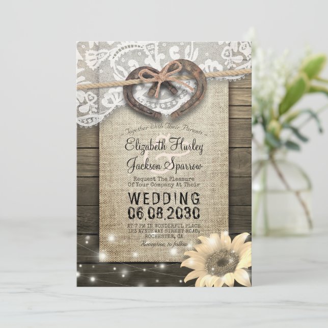 Couple Horseshoe Heart Lace Wood Sunflower Wedding Invitation (Standing Front)