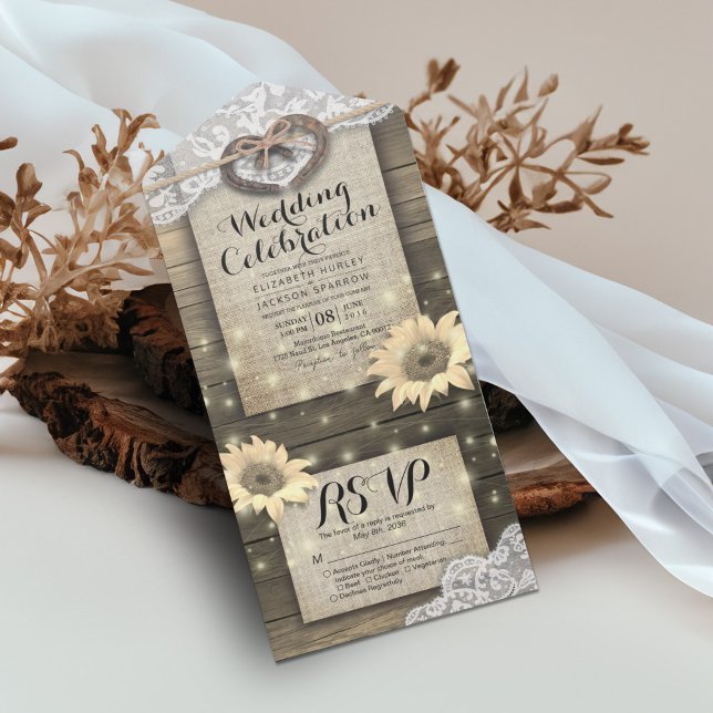 Couple Horseshoes Lace Wood Sunflower Wedding RSVP All In One Invitation (Creator Uploaded)