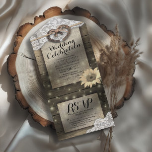 Couple Horseshoes Lace Wood Sunflower Wedding RSVP All In One Invitation