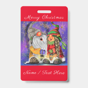 Couple Hugged Gnomes Singing Happy Christmas Song ID Badge