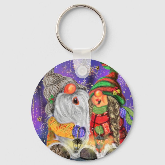 Couple Hugged Gnomes Singing Happy Christmas Song  Key Ring (Front)