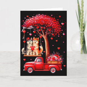 Couple Huskies Valentine Hearts Tree Pickup Truck Card