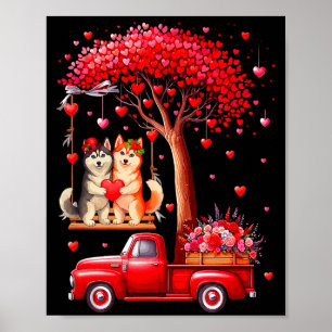 Couple Huskies Valentine Hearts Tree Pickup Truck  Poster
