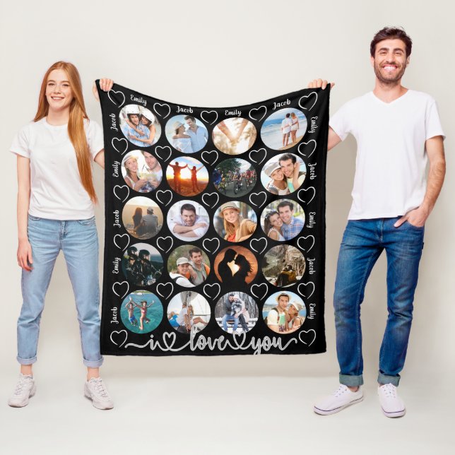 Couple I LOVE YOU 20 Photo Collage Hearts Names Fleece Blanket (In Situ)