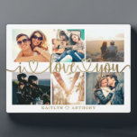 Couple I LOVE YOU 6 Photo Collage Gold Plaque<br><div class="desc">Easily create a keepsake photo collage display for the one you love with 6 pictures, the title I LOVE YOU in a modern, handwritten script with hearts as a faux metallic gold foil overlay and personalised with your custom text against an editable white background. CHANGES: Change the background colour, select...</div>