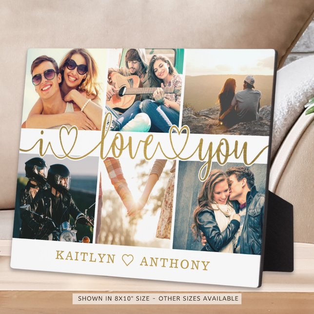Couple I LOVE YOU Photo Collage Gold Script Hearts Plaque (Creator Uploaded)