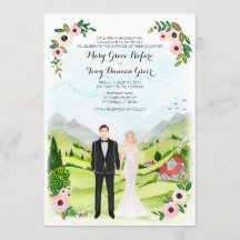 Couple Illustrated Portrait Wedding Landscape Card