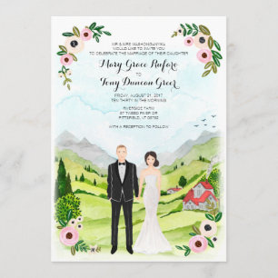 Couple Illustrated Portrait Wedding Landscape Card