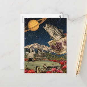 Couple in a Retro Car Teacup Jumping Fish Surreal Postcard