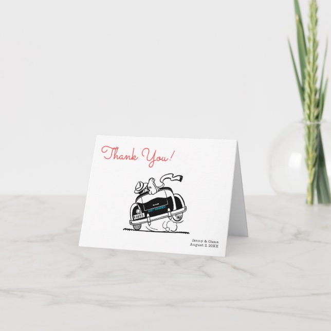 Couple in Car 1950s Style Wedding  Thank You Card (Front)