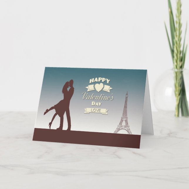 Couple in Front of Eiffel Tower Valentine Card (Front)