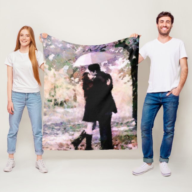 Couple in Love Kissing In The Rain Abstract Art Fleece Blanket (In Situ)