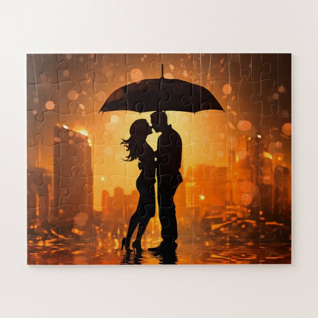 couple in love shadow stands in the rain  jigsaw puzzle (Horizontal)