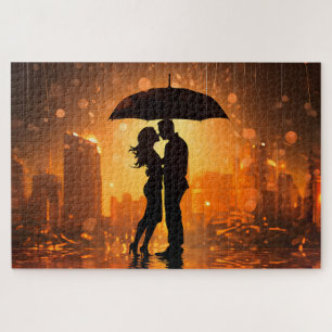 couple in love shadow stands in the rain jigsaw puzzle