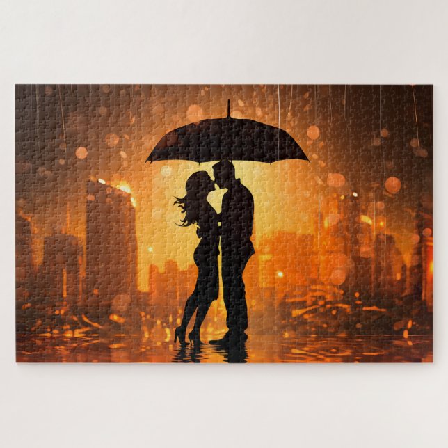 couple in love shadow stands in the rain  jigsaw puzzle (Horizontal)