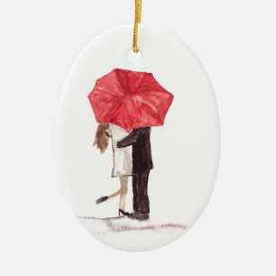 Couple in love under red umbrella ceramic ornament