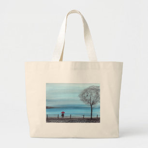 Couple in love with red umbrella large tote bag