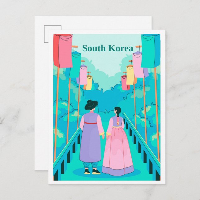 Couple in Seoul South Korea Travel Illustration Postcard (Front/Back)
