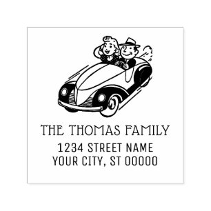 Couple in Vintage Car Name Return Address Self-inking Stamp