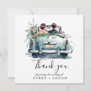 couple in vintage car watercolor save the date thank you card