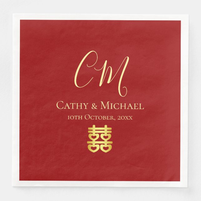 Couple initials modern Chinese wedding red Napkin (Front)