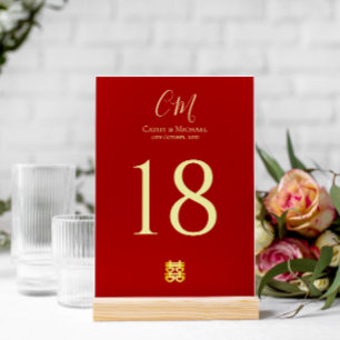 Couple initials modern Chinese wedding red Table Number
