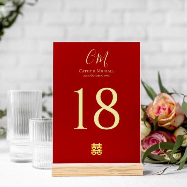 Couple initials modern Chinese wedding red Table Number (Creator Uploaded)