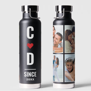 Couple Initials   Monogram 4 Photo Black Minimal  Water Bottle