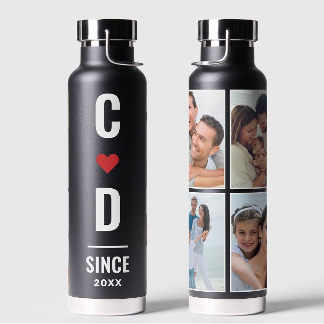 Couple Initials | Monogram 4 Photo Black Minimal  Water Bottle (Creator Uploaded)