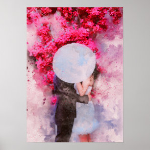 couple kiss umbrella floral watercolor painting poster