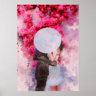 couple kiss umbrella floral watercolor painting poster