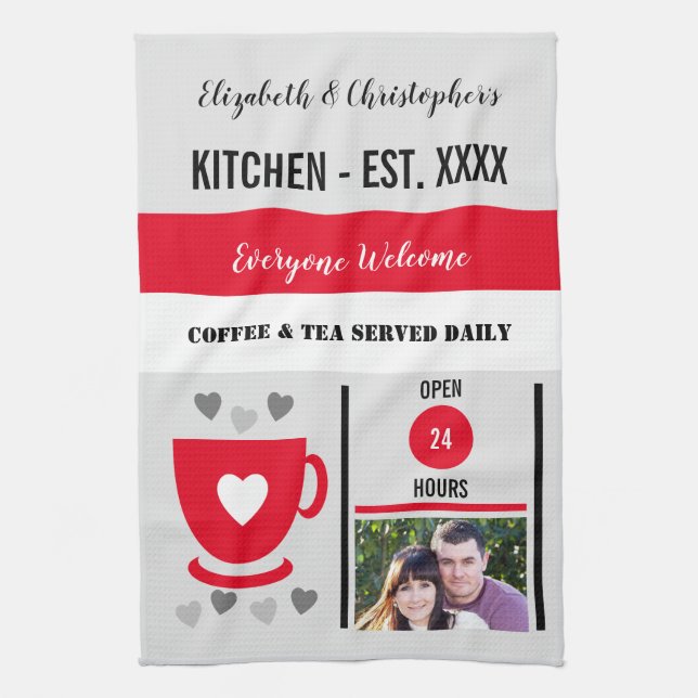 Couple kitchen est date coffee photo red tea towel (Vertical)