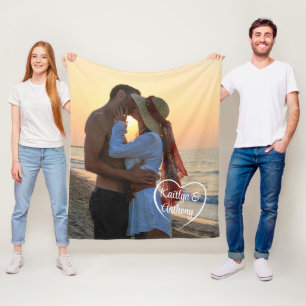 Couple Love Heart Photo Names Fleece Blanket