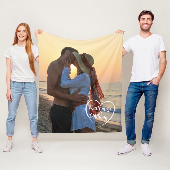 Couple Love Heart Photo Names Fleece Blanket (In Situ)