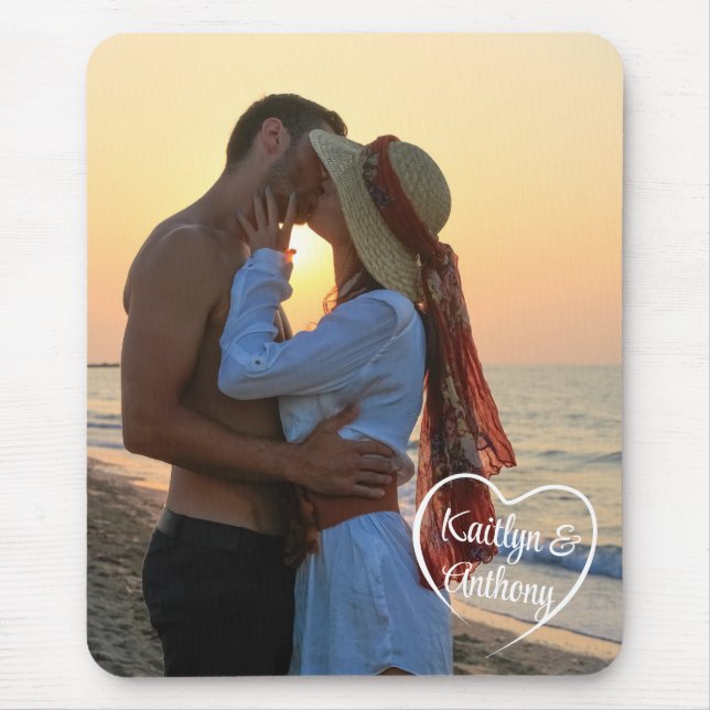 Couple Love Heart Photo Names Mouse Pad (Front)