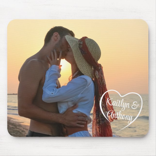 Couple Love Heart Photo Names Mouse Pad (Front)