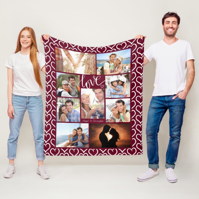 Couple LOVE  Hearts Pattern 9 Photo Collage Black Fleece Blanket (In Situ)