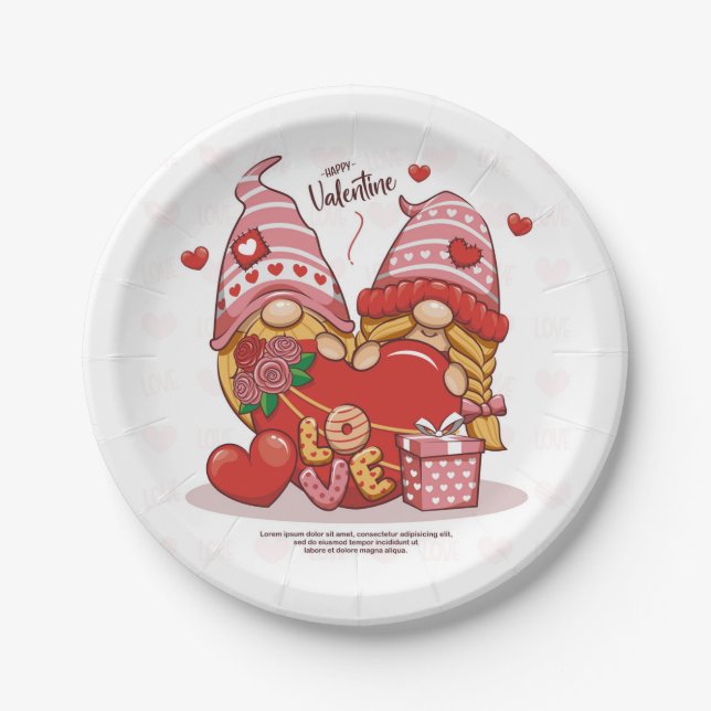 couple_love_of_cute_gnome_with_love_heart_valentin paper plate (Front)