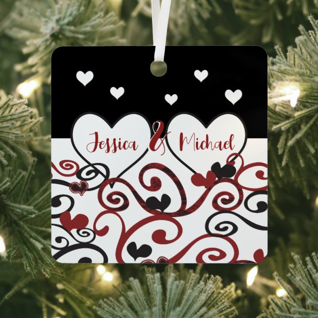 Couple Married Date Swirly Love Hearts Metal Tree Decoration (Insitu)